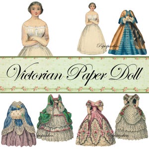 Op de afbeelding: Een verzameling victoriaanse papieren poppen en diverse jurken. De set bevat een pop in een witte japon, een blauwe en bruine jurk, een blauwe en paarse outfit, een groen en wit kanten jurk, een roze bloemenjurk en een witte jurk met stippen.