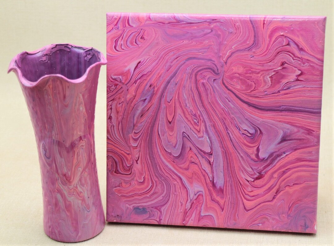 Pink Hearts Vase and Canvas. Acrylic Pour. Etsy