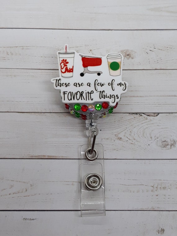 Favorite Things, Shopaholic, Coffee Lover Bling Badge Reel/ID Holder