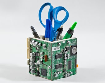 Gift for IT nerd in your life. Circuit Board Pencil Pen holder, Computer Industrial look, with engineering feel. Office geek cool practical