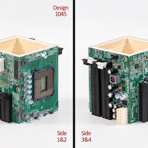 Puede incluir: Un recipiente cuadrado hecho de madera de color claro con paredes exteriores de placas de circuito impreso verdes. Las placas presentan varios componentes electr&oacute;nicos, incluyendo un z&oacute;calo de CPU, ranuras RAM y condensadores. El texto dice Design 1045.