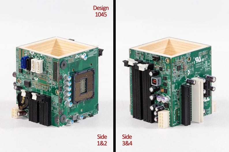Puede incluir: Un recipiente cuadrado hecho de madera de color claro con paredes exteriores de placas de circuito impreso verdes. Las placas presentan varios componentes electr&oacute;nicos, incluyendo un z&oacute;calo de CPU, ranuras RAM y condensadores. El texto dice Design 1045.