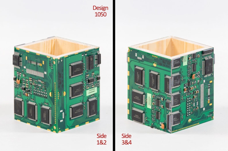 Puede incluir: Un portal&aacute;pices cuadrado de madera con placas de circuito impreso verdes en los lados exteriores. Las placas tienen chips de circuitos integrados negros, pines dorados y componentes met&aacute;licos. El texto en la imagen dice Design 1050, Side 1&2, Side 3&4.