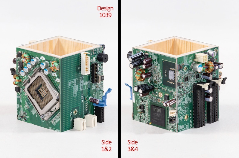 Puede incluir: Un contenedor cuadrado con paredes interiores de madera clara y paneles exteriores hechos de placas de circuito impreso verdes. Las placas presentan componentes electr&oacute;nicos que incluyen condensadores, un z&oacute;calo de CPU y un chip Intel.
