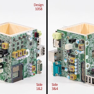Puede incluir: Un contenedor cuadrado construido con placas de circuito impreso verdes con componentes electr&oacute;nicos visibles, incluyendo condensadores, puertos y ranuras. El interior es de madera clara. El texto en la imagen dice Design 1058, Side 1&2 y Side 3&4.