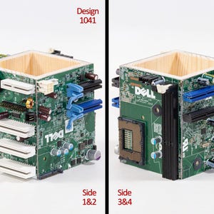 Puede incluir: Un portal&aacute;pices cuadrado construido con placas de circuito de computadora Dell verdes recicladas. El exterior presenta varios componentes electr&oacute;nicos, incluyendo ranuras blancas y azules, condensadores y puertos. El interior est&aacute; revestido de madera clara.