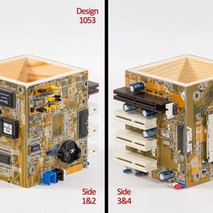 Puede incluir: Un recipiente cuadrado hecho de madera clara, con sus superficies exteriores cubiertas por placas de circuito impreso de computadora recicladas en tonos amarillos y marrones. Las placas incluyen varios componentes electr&oacute;nicos, como ranuras, condensadores y un logotipo de ASUS.