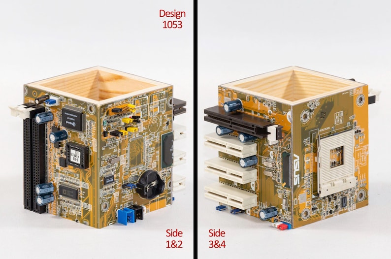 Puede incluir: Un recipiente cuadrado hecho de madera clara, con sus superficies exteriores cubiertas por placas de circuito impreso de computadora recicladas en tonos amarillos y marrones. Las placas incluyen varios componentes electr&oacute;nicos, como ranuras, condensadores y un logotipo de ASUS.