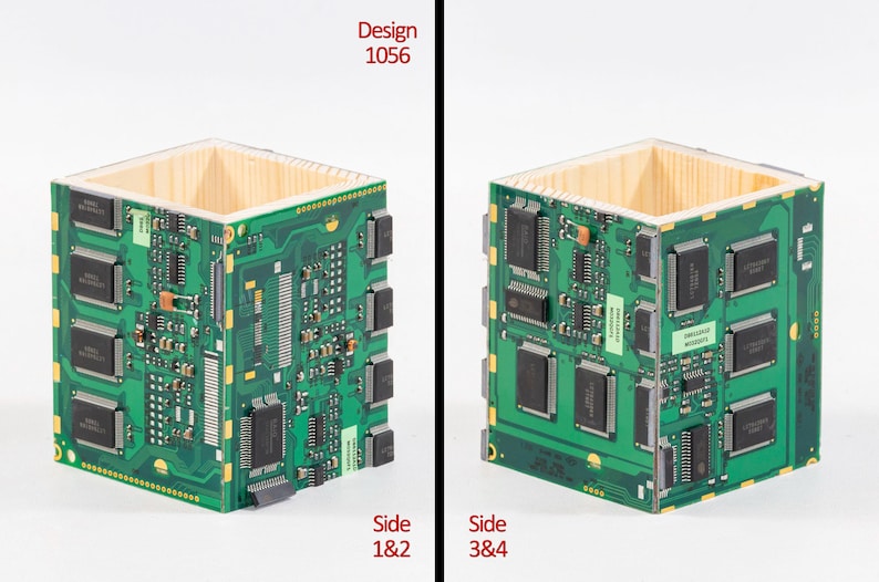 Puede incluir: Un portal&aacute;pices cuadrado con interior de madera clara y paneles exteriores hechos de placas de circuito verdes con chips negros y componentes electr&oacute;nicos. El texto Design 1056, Side 1&2 y Side 3&4 est&aacute; impreso en la imagen.