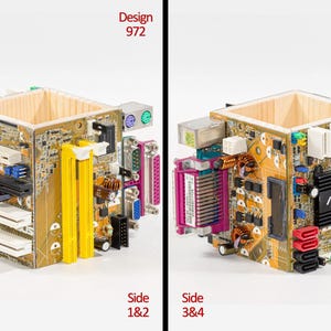 Peut inclure: Un porte-stylo carr&eacute; fabriqu&eacute; &agrave; partir de cartes m&egrave;res d'ordinateur recycl&eacute;es, int&eacute;grant divers composants &eacute;lectroniques, ports, slots et un dissipateur thermique ASUS. L'ext&eacute;rieur pr&eacute;sente des circuits complexes dans des tons or, marron et vert, avec des accents blancs, jaunes et violets. Le texte indique Design 972, Side 1&2 et Side 3&4.