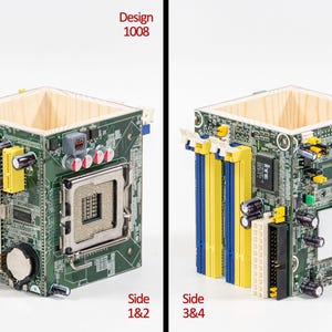 Puede incluir: Un recipiente cuadrado construido con placas de circuito impreso verdes con componentes electr&oacute;nicos expuestos, incluyendo z&oacute;calos de CPU, ranuras de RAM, condensadores y puertos. El interior es de madera clara. Texto: Design 1008, Side 1&2, Side 3&4.