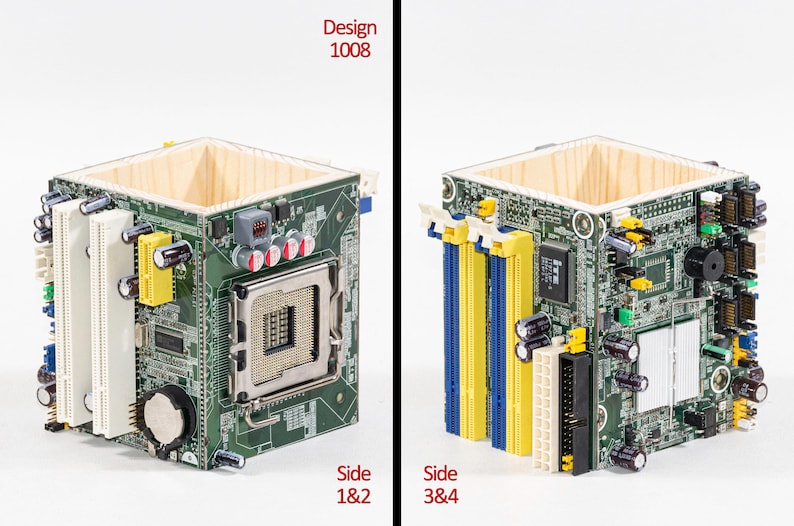 Puede incluir: Un recipiente cuadrado construido con placas de circuito impreso verdes con componentes electr&oacute;nicos expuestos, incluyendo z&oacute;calos de CPU, ranuras de RAM, condensadores y puertos. El interior es de madera clara. Texto: Design 1008, Side 1&2, Side 3&4.