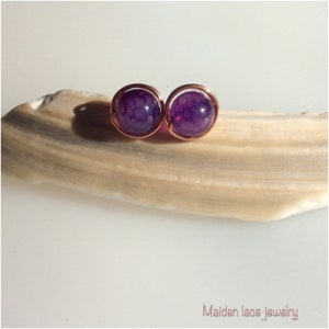 Amethyst quartz studs , purple stud earrings , copper earrings , post earrings , small stud earrings .