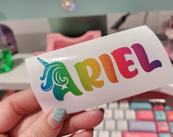 Unicorn Name Font Style Vinyl Decal | Birthday Party Decor| Birthday Theme Unicorn | Tumbler, Water Bottle Custom Name Decal | Rainbow Ombre