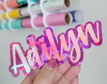 6" Layered Name Decal | Heart Script Font Name Decal Holographic Vinyl | Shadow Vinyl Name Decal | Tumbler, Starbucks Cold Cup Name Decal