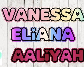 3" Layered Name Decal | Heart Font Block Letters Uppercase Capital Holographic Vinyl Name Decal | School Supplies, Water Bottle Shadow Name