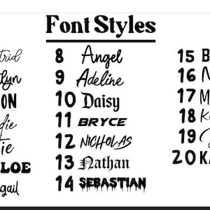 May include: A chart with 20 different font styles for names. Each font style is numbered and has a name written in that style. The font styles include cursive, bold, block, and script.