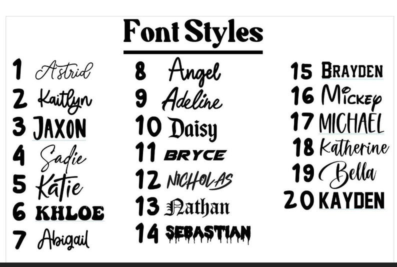 May include: A chart with 20 different font styles for names. Each font style is numbered and has a name written in that style. The font styles include cursive, bold, block, and script.