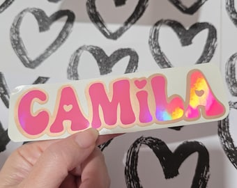 4" Length Layered Name Decal | Heart Script Font Name Decal Holographic Vinyl | Shadow Vinyl Name Decal | Back to School Name Decal