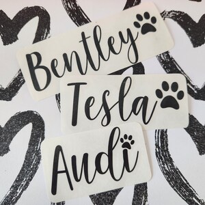 May include: Three white labels with black paw prints and names written in black cursive. The names are Bentley, Tesla, and Audi.