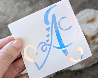 Monogram Initial Hearts Holographic Vinyl Decal | Monogram Initial Decal | Uppercase Initial Decal | Monogram Hearts Capital Letter Initial