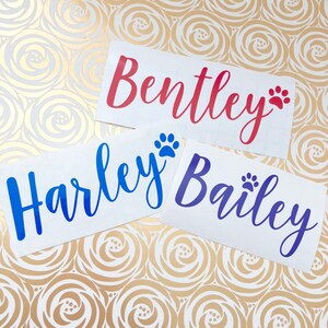May include: Three white vinyl stickers with paw prints and names written in cursive. The names are "Bentley" in red, "Harley" in blue, and "Bailey" in purple.
