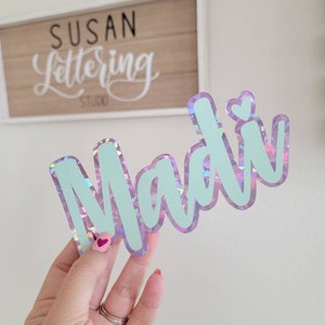 3&quot; Length Layered Name Decal | Heart Script Font Name Decal Holographic Vinyl | Shadow Vinyl Name Decal | Tumbler, Starbucks Cup Name