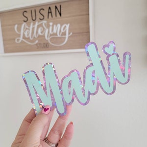 3" Length Layered Name Decal | Heart Script Font Name Decal Holographic Vinyl | Shadow Vinyl Name Decal | Tumbler, Starbucks Cup Name Decal