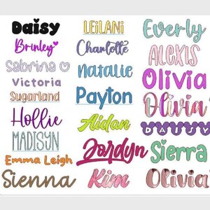 May include: A colorful chart with a list of names in different colors and fonts. The names are arranged in three columns. The names in the first column are Daisy, Brinley, Sabrina, Victoria, Sugarland, Hollie, Madisyn, Emma Leigh, and Sienna. The names in the second column are Leilani, Charlotte, Natalie, Payton, Aidan, Jordyn, and Kim. The names in the third column are Everly, Alexis, Olivia, Olivia, Daisy, Sierra, and Olivia. The numbers 1, 2, and 3 are next to the names in the third column.