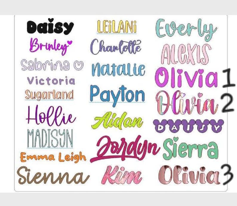 May include: A colorful chart with a list of names in different colors and fonts. The names are arranged in three columns. The names in the first column are Daisy, Brinley, Sabrina, Victoria, Sugarland, Hollie, Madisyn, Emma Leigh, and Sienna. The names in the second column are Leilani, Charlotte, Natalie, Payton, Aidan, Jordyn, and Kim. The names in the third column are Everly, Alexis, Olivia, Olivia, Daisy, Sierra, and Olivia. The numbers 1, 2, and 3 are next to the names in the third column.