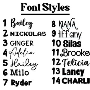 May include: A list of 14 different font styles, numbered 1 through 14, with each style shown as a name written in that font. The font styles include Bailey, NICKOLAS, GINGER, Adelia, Hailey, Milo, Ryder, KIANA, tiffany, Silas, Brooke, Felicia, Lancy, and CHARLIE.