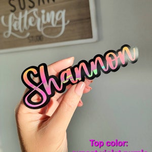 Layered Name Decal | Black Background Shadow Script Font Name Decal  Holographic Vinyl | Custom Name Decal | Starbucks Cold Cup Decal