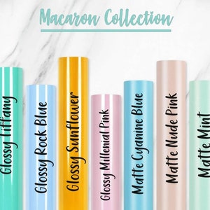 May include: Macaron Collection of vinyl sheets in various colors and finishes, including glossy Tiffany, glossy rock blue, glossy sunflower, glossy millennial pink, matte cyanine blue, matte nude pink, and matte mint.