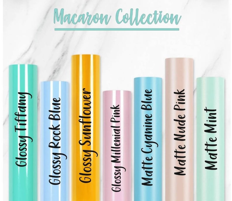 May include: Macaron Collection of vinyl sheets in various colors and finishes, including glossy Tiffany, glossy rock blue, glossy sunflower, glossy millennial pink, matte cyanine blue, matte nude pink, and matte mint.