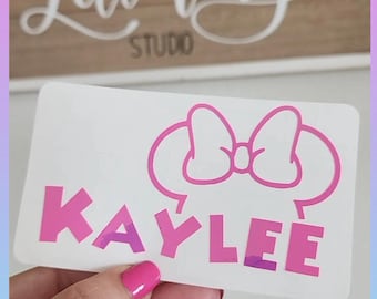 Custom Mickey Ears Vinyl Name Decal, Minnie Mouse Ears | Cute Decal for Kids | Water Bottles, School Supplies | Personalized Decal