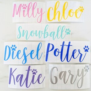 May include: Six personalized pet name decals with paw prints. The names are Milly, Chloe, Snowball, Diesel, Potter, and Gary. The decals are on a white background.