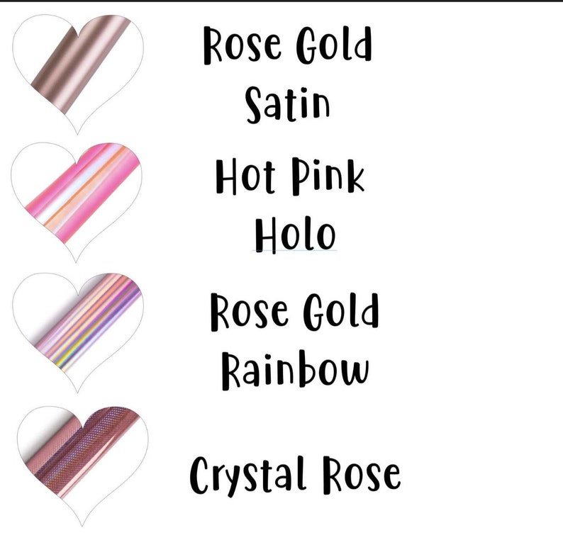 May include: Four heart-shaped images with different colored metallic finishes. The finishes are Rose Gold Satin, Hot Pink Holo, Rose Gold Rainbow, and Crystal Rose.
