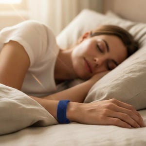 Könnte beinhalten: Ein einfarbig blaues Stoffarmband, das am Handgelenk getragen wird. Das Band weist eine gewebte Textur auf und hat ein sicheres, flexibles Design, das sich um den Arm legt. Das Material wirkt weich und leicht für angenehmen Tragekomfort.
