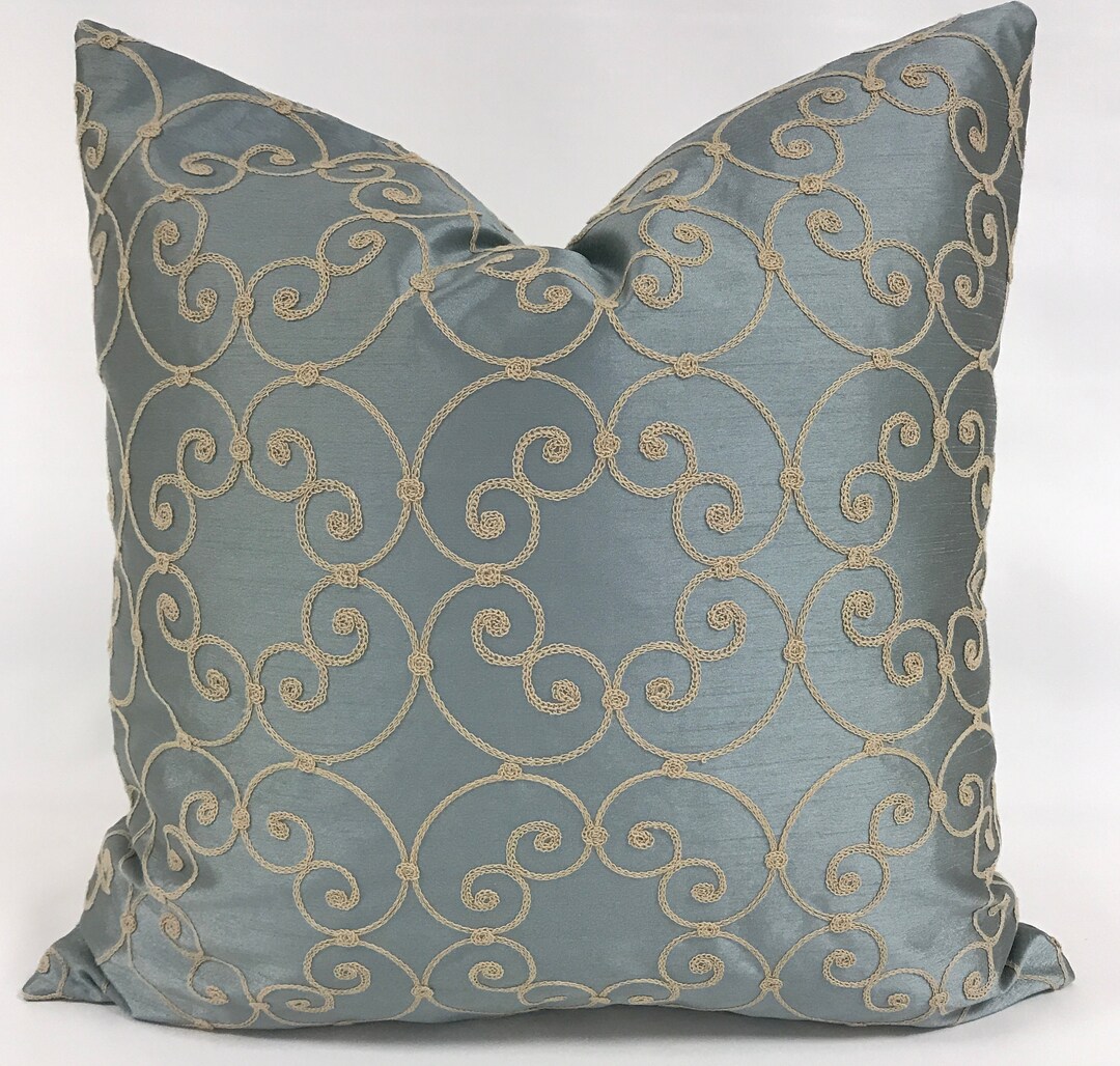Pillow Cover Embroidered Pillow Dupioni Silk Pillow Aqua Etsy