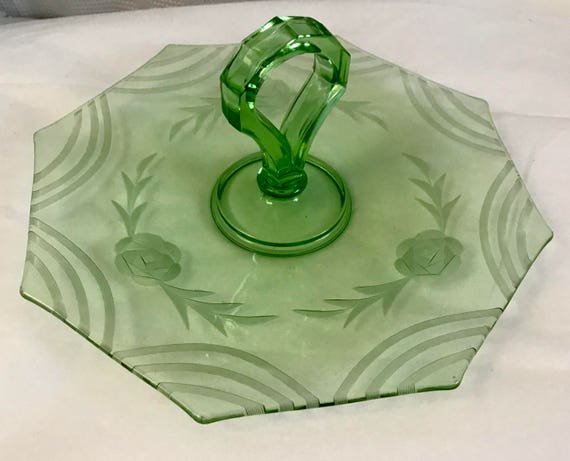 Vintage Green Etched Depression Glass Round Plate With Handle