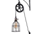 Industrial Pulley Plug-in Wall Sconce - Cage Pendant with Iron Bracket Twisted Fabric Cord with Socket and Wall Cleat Edison Bulb Included