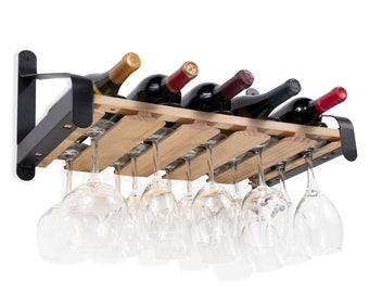 Rustic State Wall Mounted Wood Wine Rack with Stemware Holder Natural