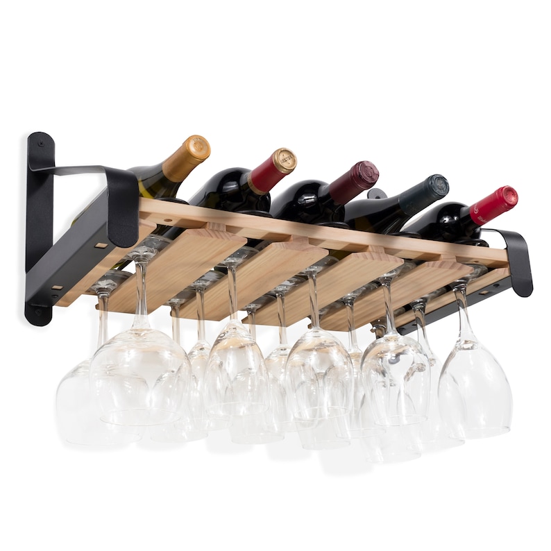 Rustic State Wall Mounted Wood Wine Rack with Stemware Holder Natural image 1