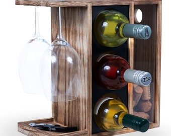 Rustic State Veneto Tabletop Wine Rack with Stemware Glass Holder and Cork Storage, Burnt Brown