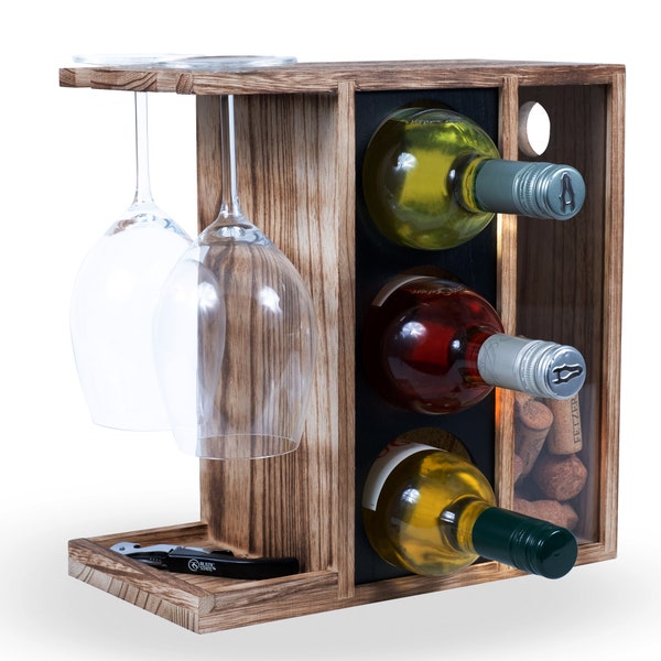 Rustic State Veneto Tabletop Wine Rack with Stemware Glass Holder and Cork Storage, Burnt Brown