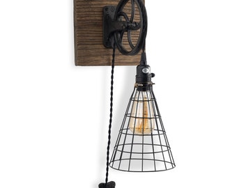 Rustic State Vintage Unique Industrial Wood and Pulley Design Cone Cage Wall Pendant Lamp with 15’ Fabric Cord Edison Light Bulb Included