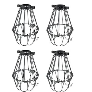 Rustic State Industrial Vintage | Hanging Pendant Metal Wire Cage | Light Fixture Lamp Guard | Adjustable Openings Set of 4 (Black)