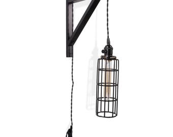 Industrial Wall Sconce with Wood Bracket Vintage Cage Lamp with Tube Edison Bulb and Toggle Switch Fabric Cord