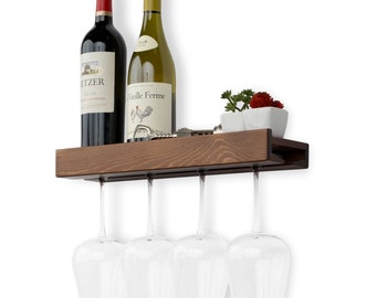 Rustic State Smith Wall Mounted Wood Wine Bottle and Wine Glass Holder Stemware Rack Storage Walnut