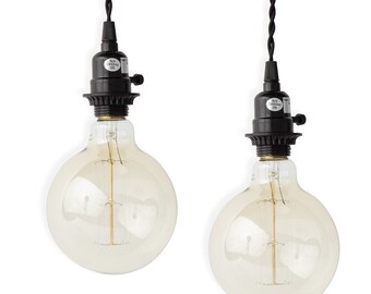 Rustic State Set of 2 Plug in Pendant Lamp with 15 Feet Long Cloth Covered Twisted Rayon Cord and 5 Inch Diameter Edison Globe Light Bulb